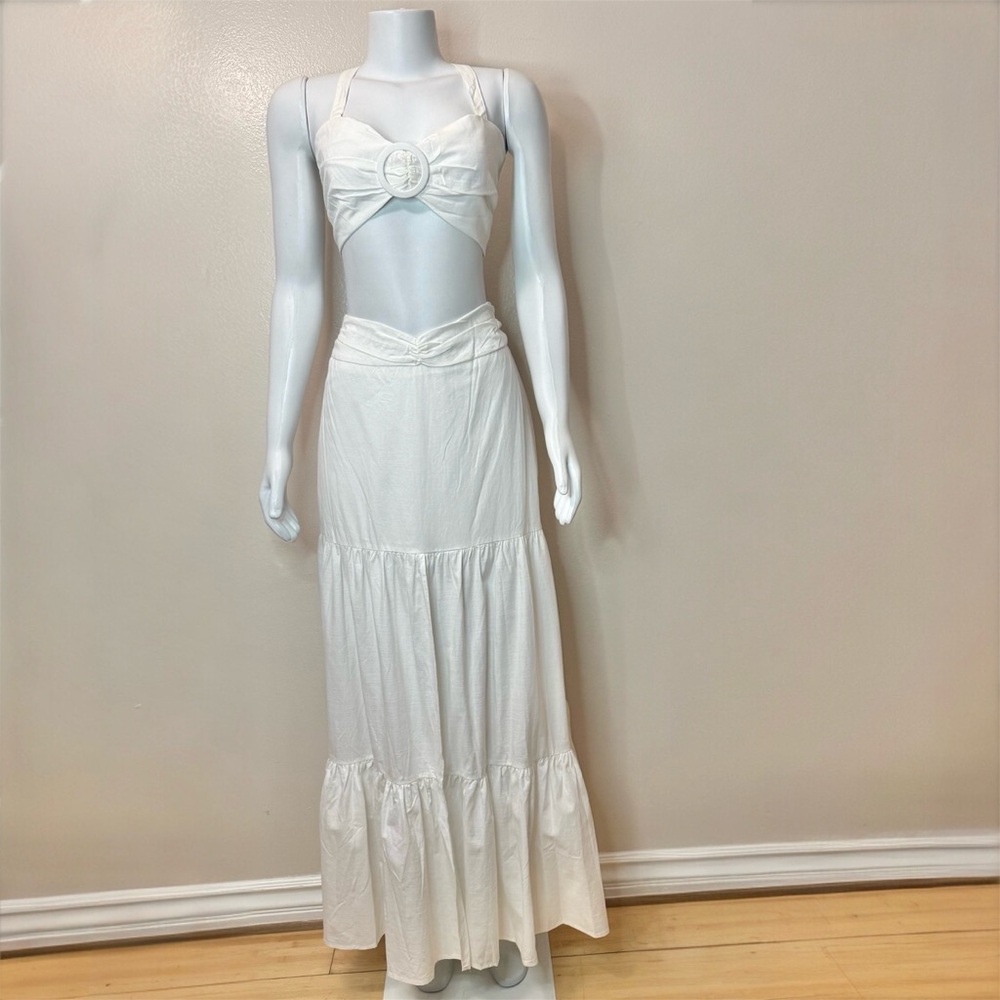 White ring crop top slit maxi skirt set